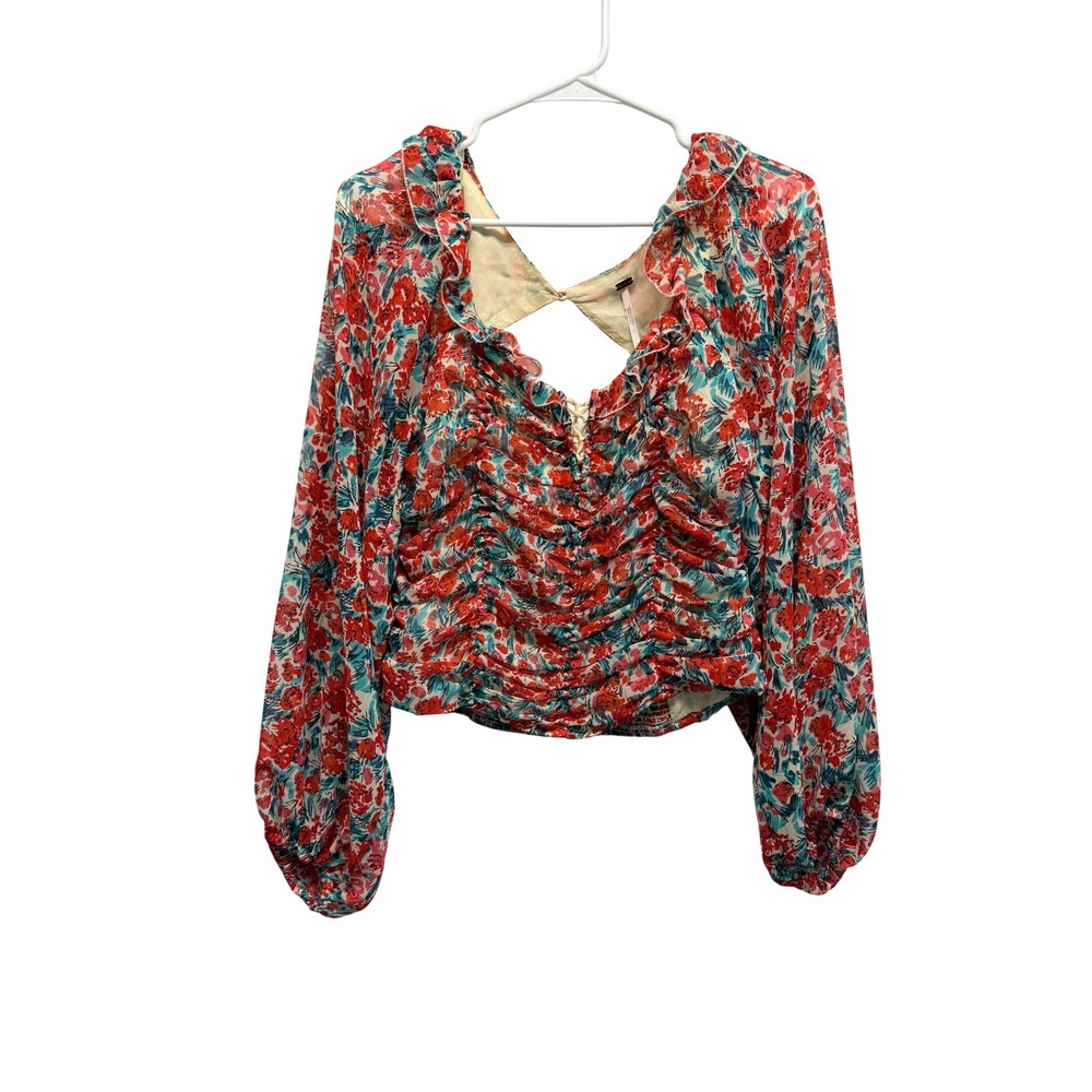 Free People Mabel Printed Blouse Lace Front Boho Cottage Med Fairy